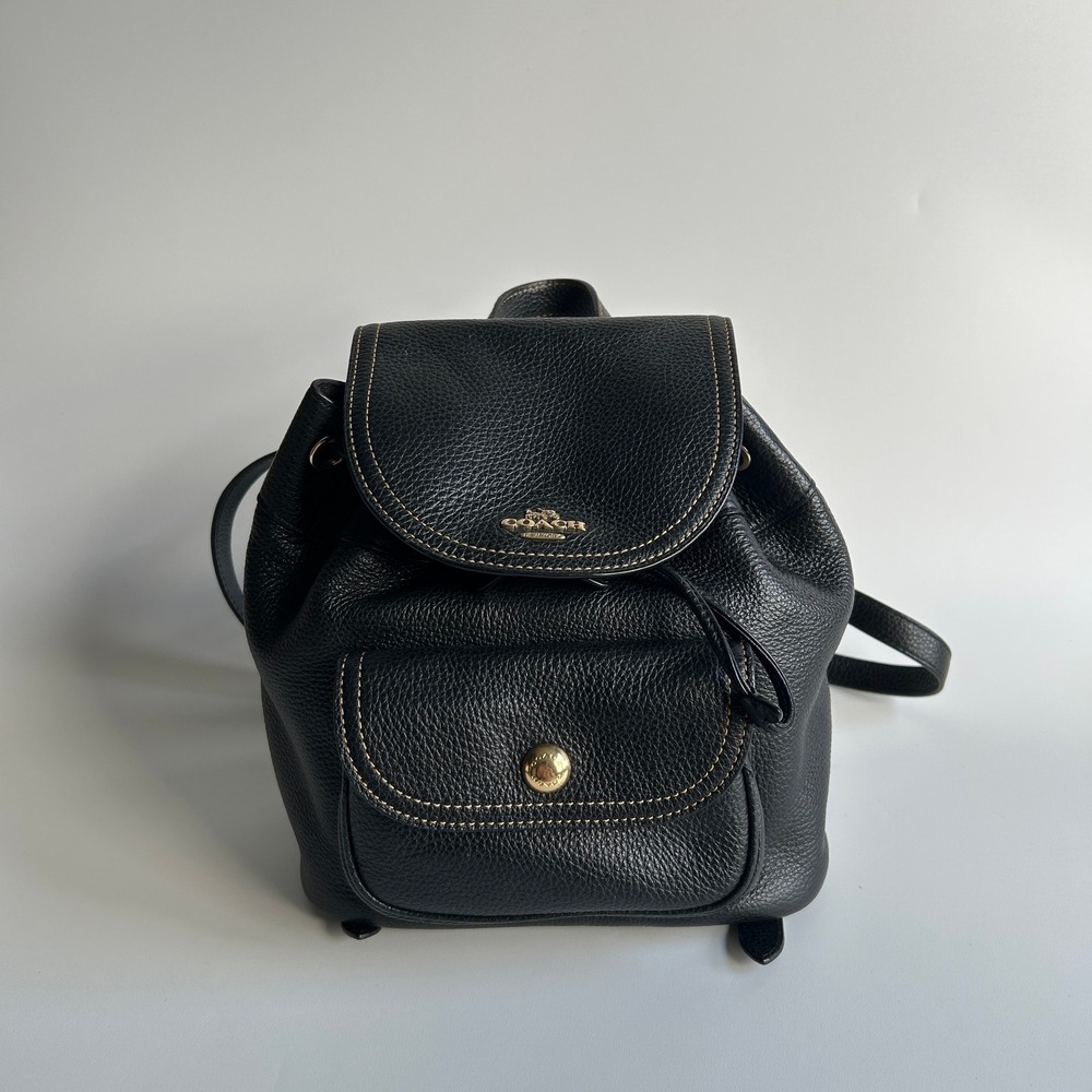 Coach Pennie Backpack 22 Black Refined Pebble Leather Drawstring Handbag C4121